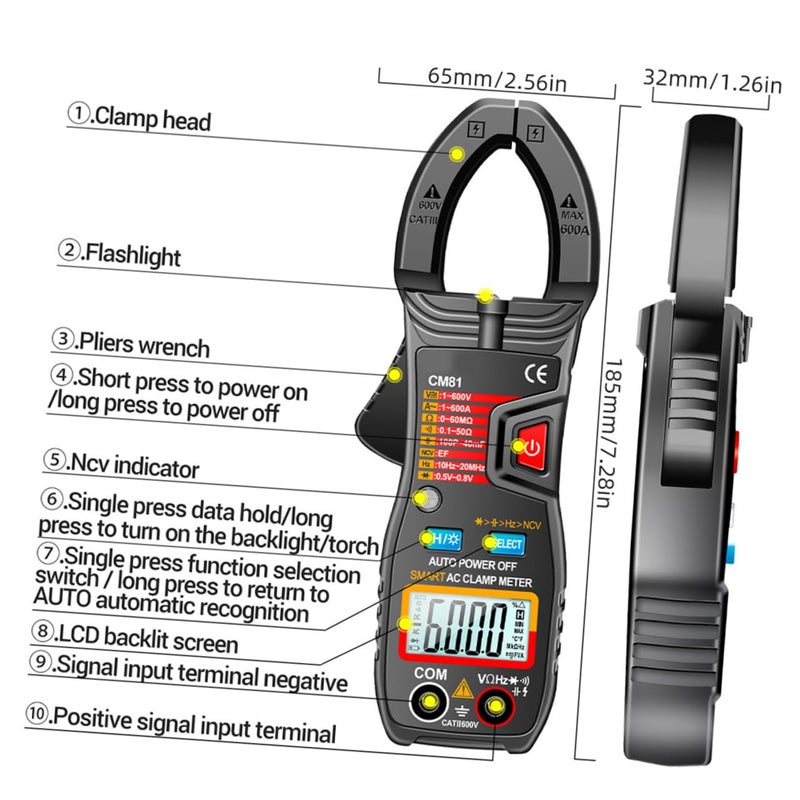 Auto Ranging Digital Clamp Meter AC DC Tester with Non Contact Voltage Detection Black - Image 2